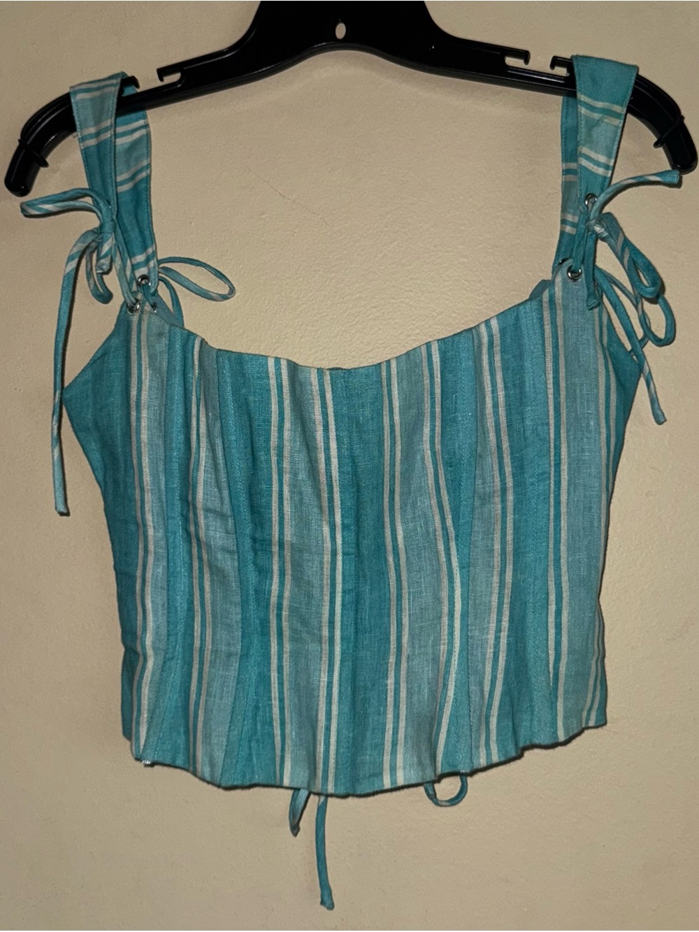 VRG GRL Blue Striped Linen Lace Up Back Corset Tank Size 6